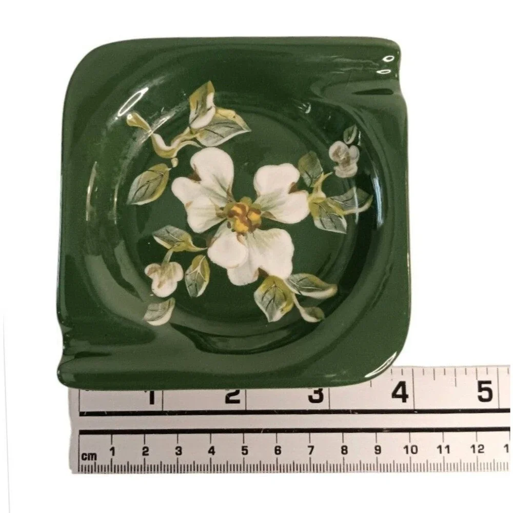 Vintage Square Ashtray Green White Floral Vee Jackson California Pottery 3.5